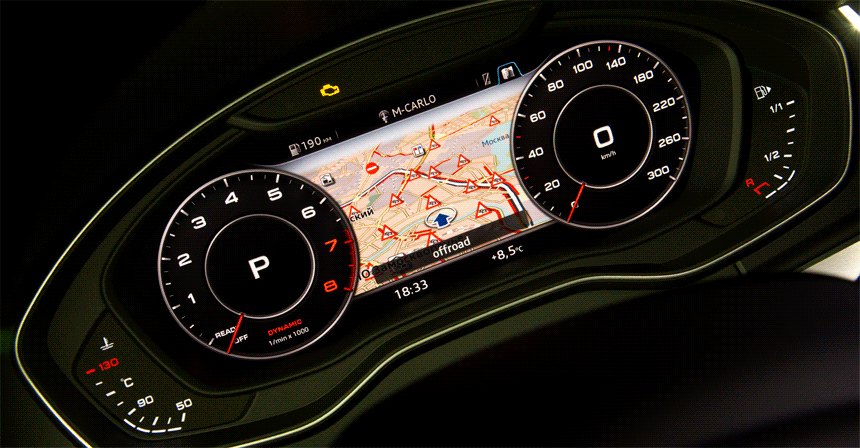 Audi virtual cockpit (35 тысяч рублей) может иметь классический вид, а может накормить информацией до отрыжки